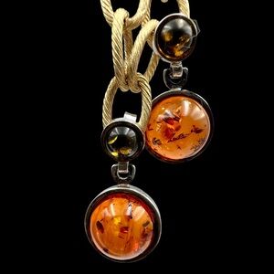 925 Sterling Silver Cognac Amber Drop Pierced Earrings Artisan Dangle